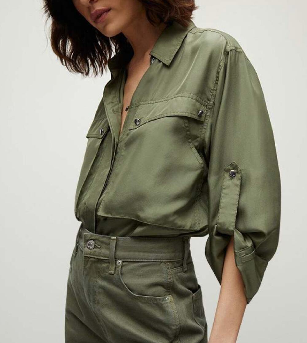 Veronica Beard Jada Silk Button Down Blouse Top Olive Green Size 12
